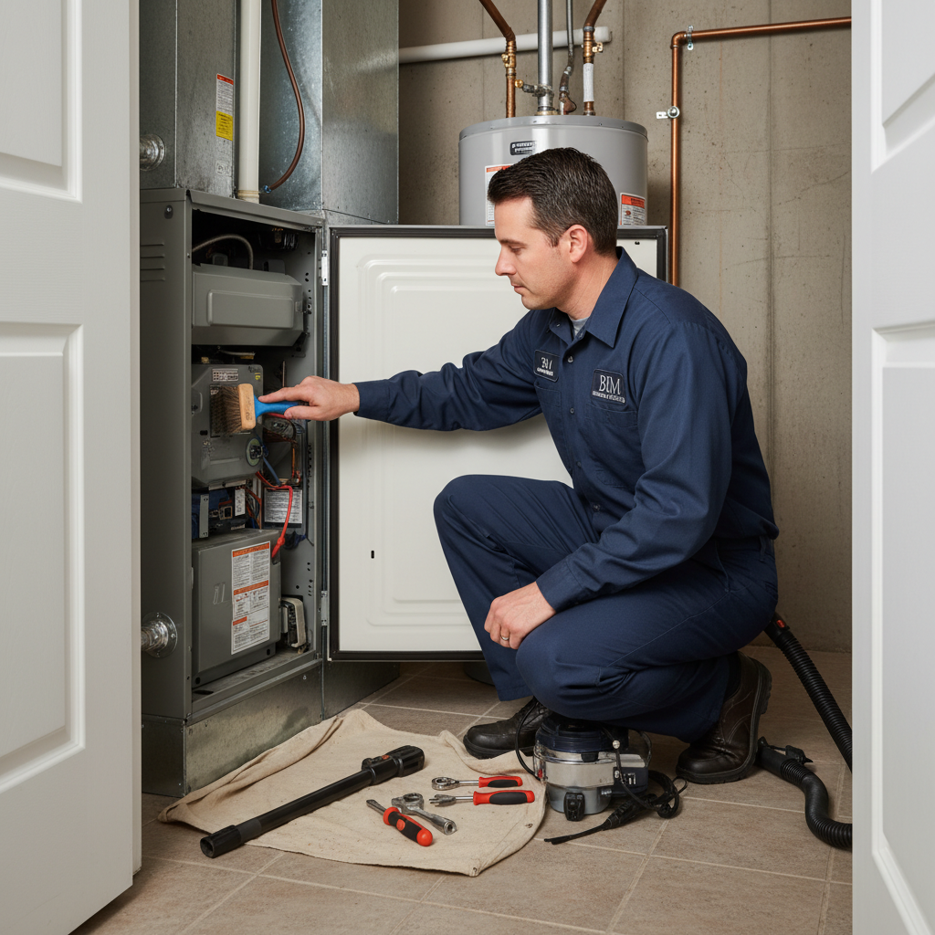 BIM Heating and Cooling technician performing furnace maintenance in a clean Fredericksburg, Virginia home.