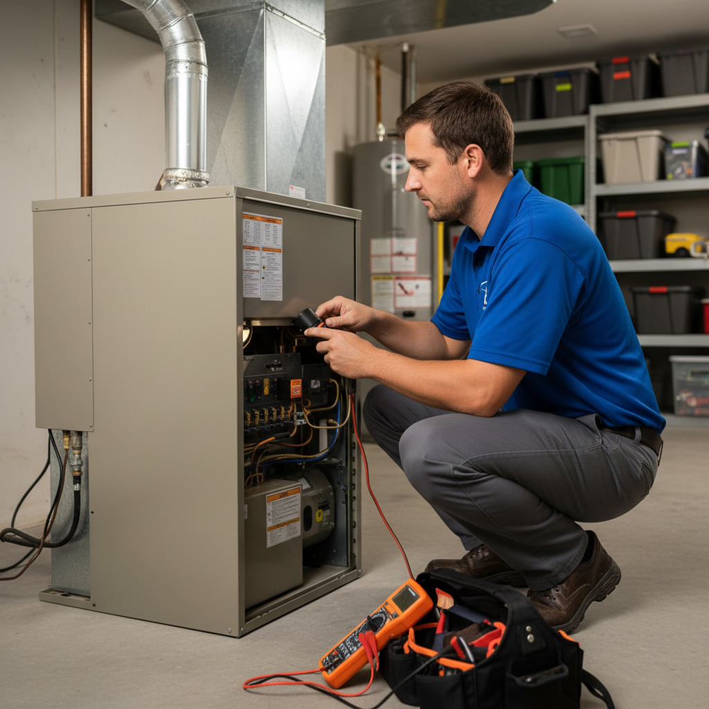 BIM Heating and Cooling technician performing furnace maintenance in a Fredericksburg, Virginia basement.