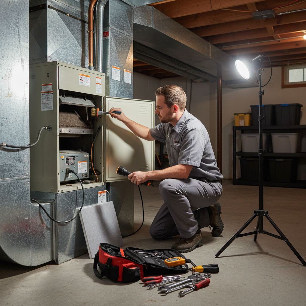 BIM Heating and Cooling technician performing furnace maintenance in a Fredericksburg, VA basement.