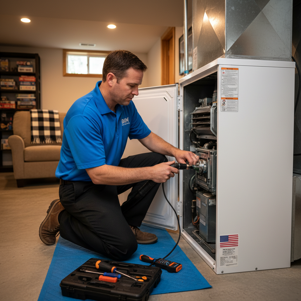 BIM Heating and Cooling technician performing furnace maintenance in a Virginia home near Fredericksburg.