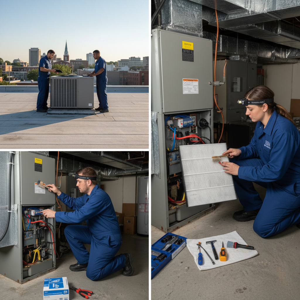 BIM Heating and Cooling technician performing furnace maintenance in a Fredericksburg, Virginia home's utility room.
