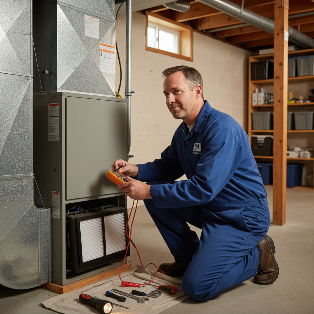 BIM Heating and Cooling technician performing furnace maintenance in a Fredericksburg, Virginia home.
