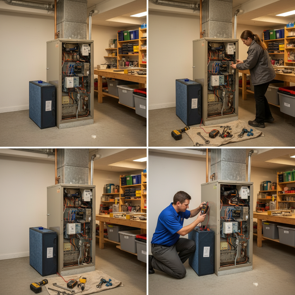 BIM Heating and Cooling technician performing furnace maintenance in a Virginia basement near Fredericksburg.