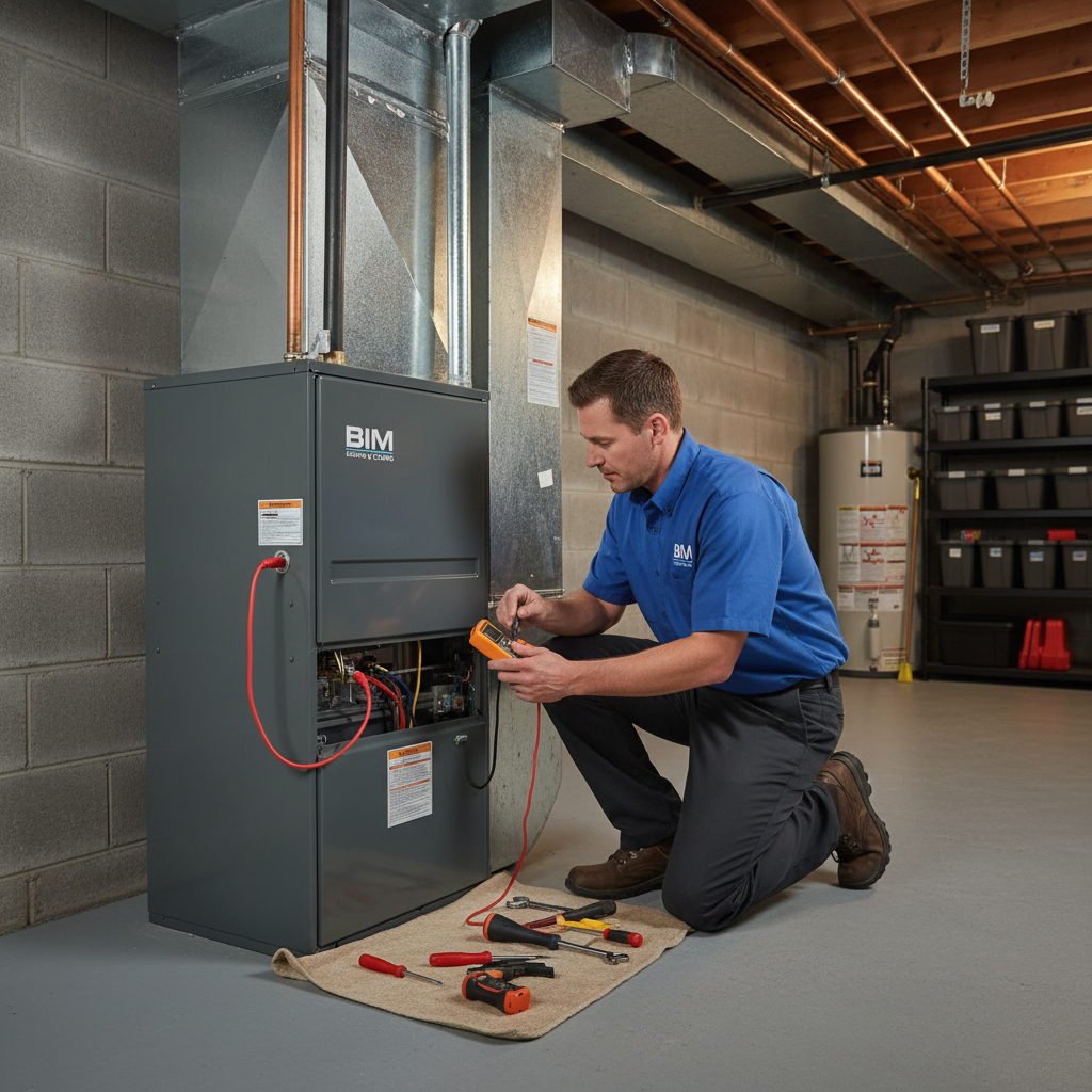 BIM Heating and Cooling technician performing furnace repair service in a Fredericksburg, Virginia basement.
