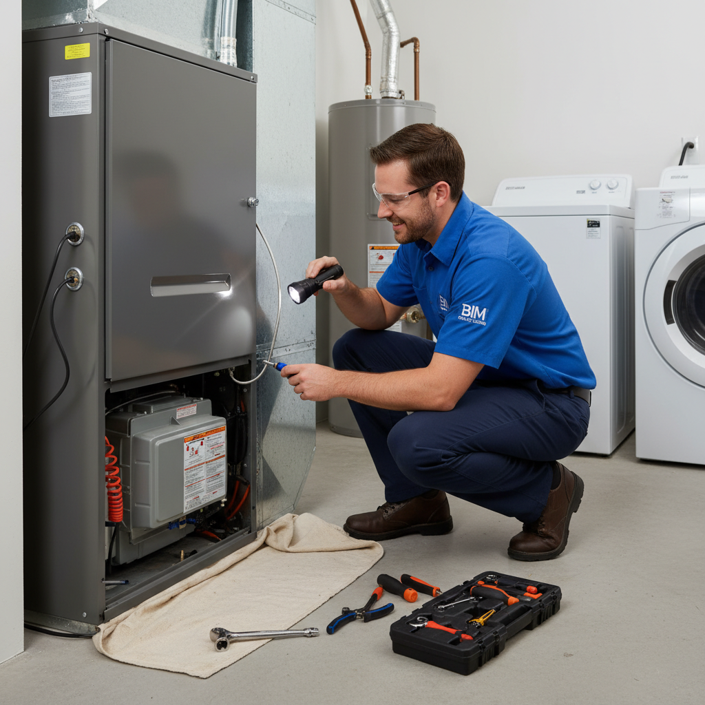 BIM Heating and Cooling technician performing heating system maintenance inside a Virginia home near Fredericksburg.