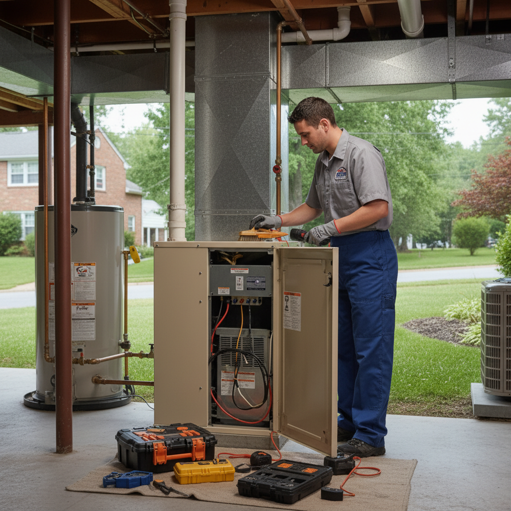 BIM Heating and Cooling technician performing heating system maintenance in a Virginia home near Fredericksburg.