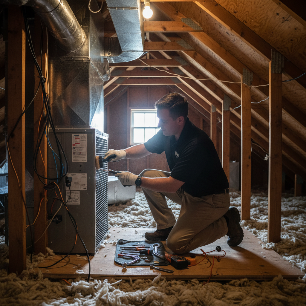 BIM Heating and Cooling technician performing HVAC maintenance in a Spotsylvania County home.