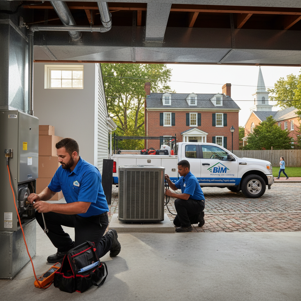 BIM Heating and Cooling technician performing HVAC repair on a furnace in a Fredericksburg, VA home.