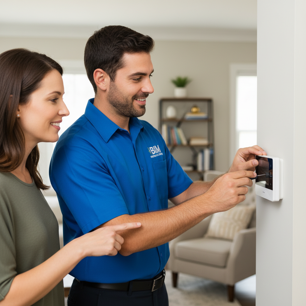 BIM Heating and Cooling technician performing maintenance on a thermostat in Stafford, Virginia.