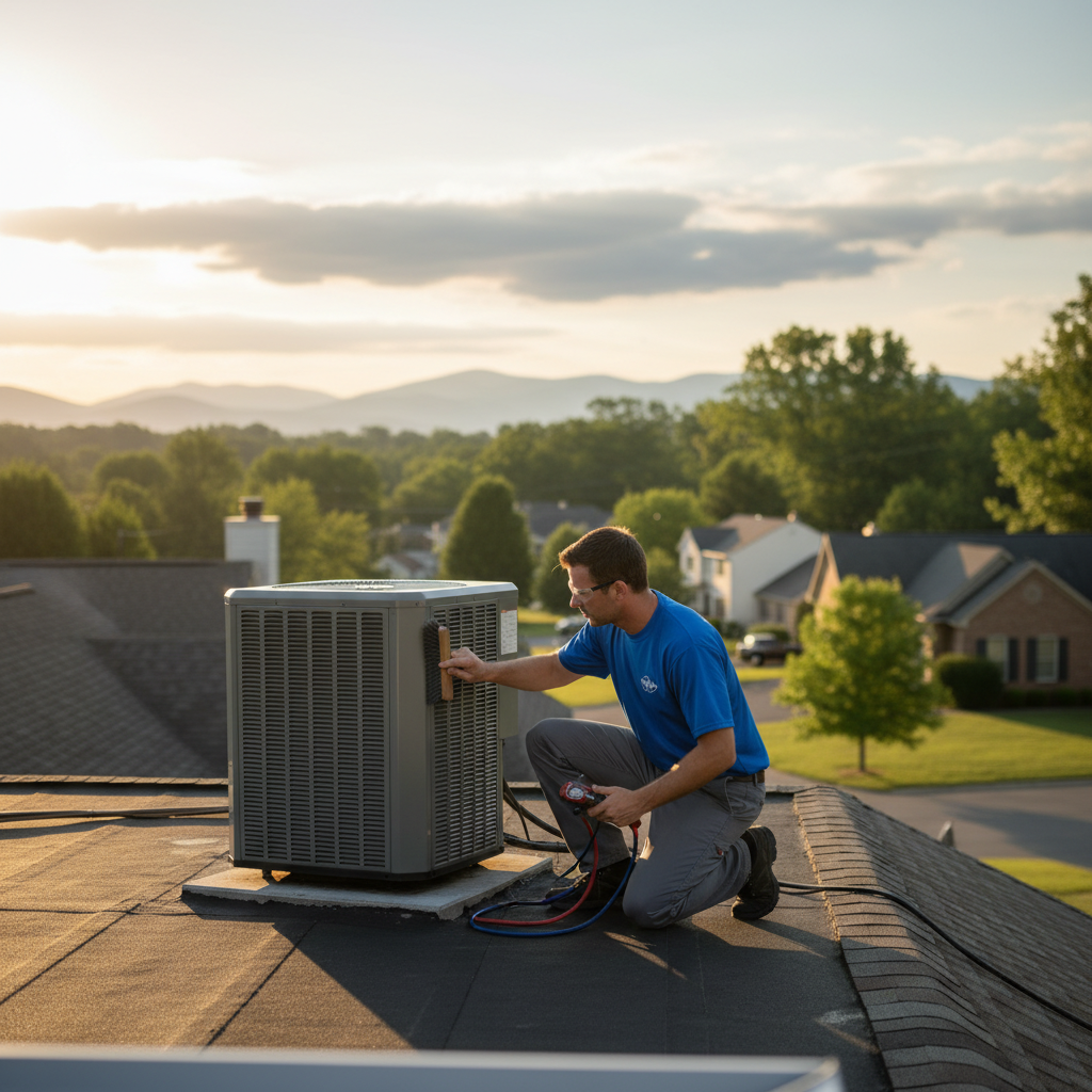BIM Heating and Cooling technician performing maintenance on a residential HVAC system in Fredericksburg, VA.