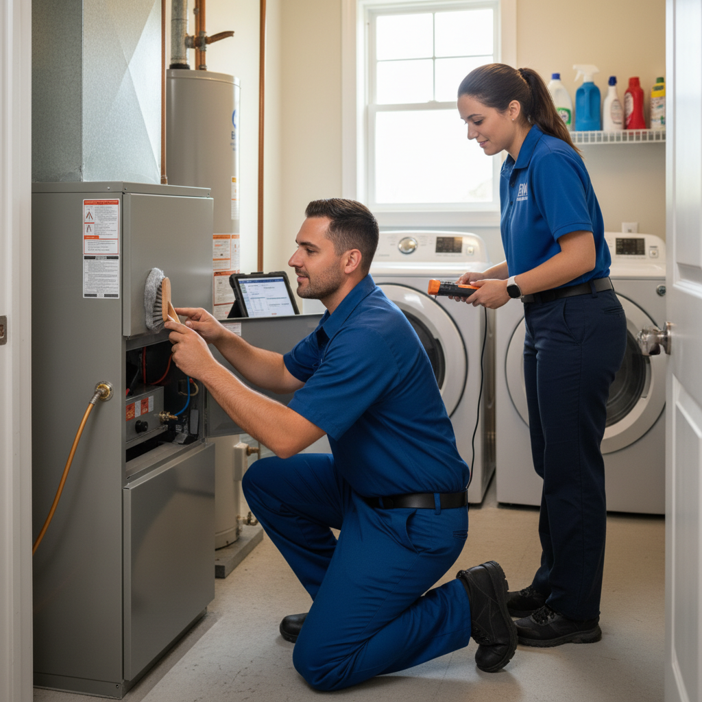 BIM Heating and Cooling technician performing preventative HVAC maintenance in a Spotsylvania County residence.