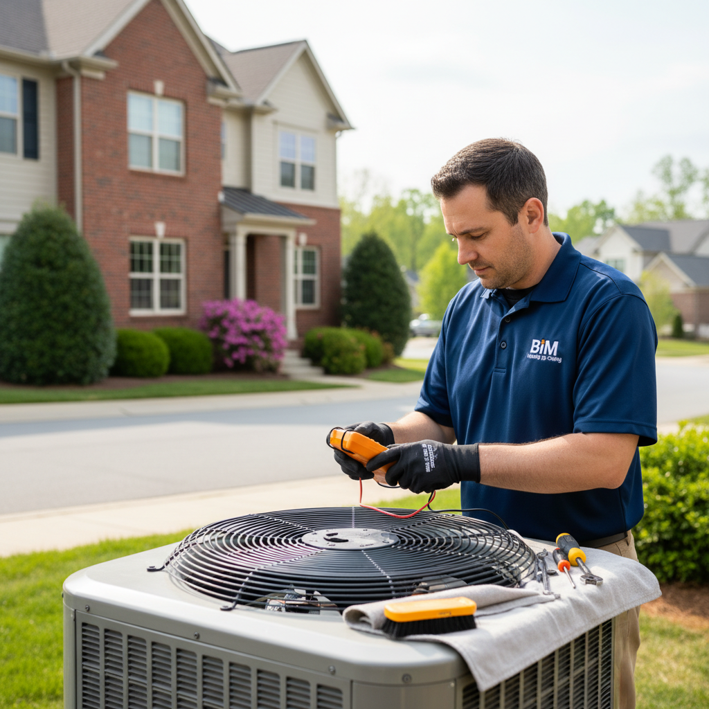 BIM Heating and Cooling technician performing routine HVAC maintenance on a residential unit in Fredericksburg, VA.