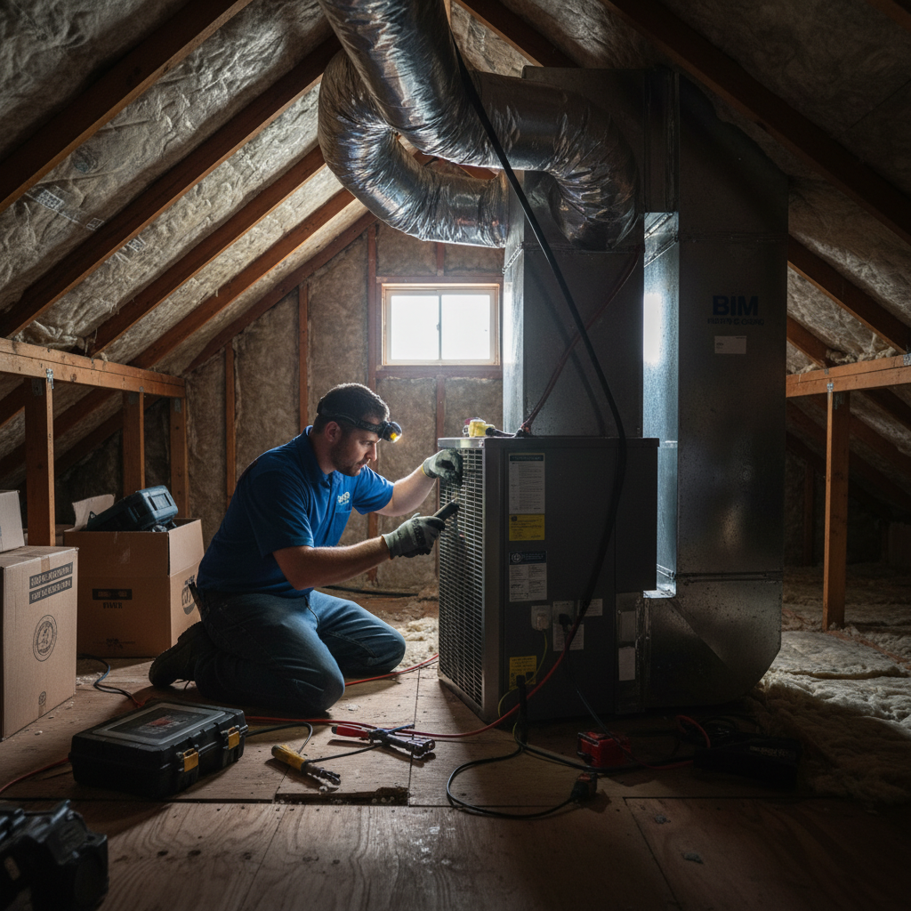 BIM Heating and Cooling technician performing routine HVAC maintenance in a Fredericksburg, VA attic.