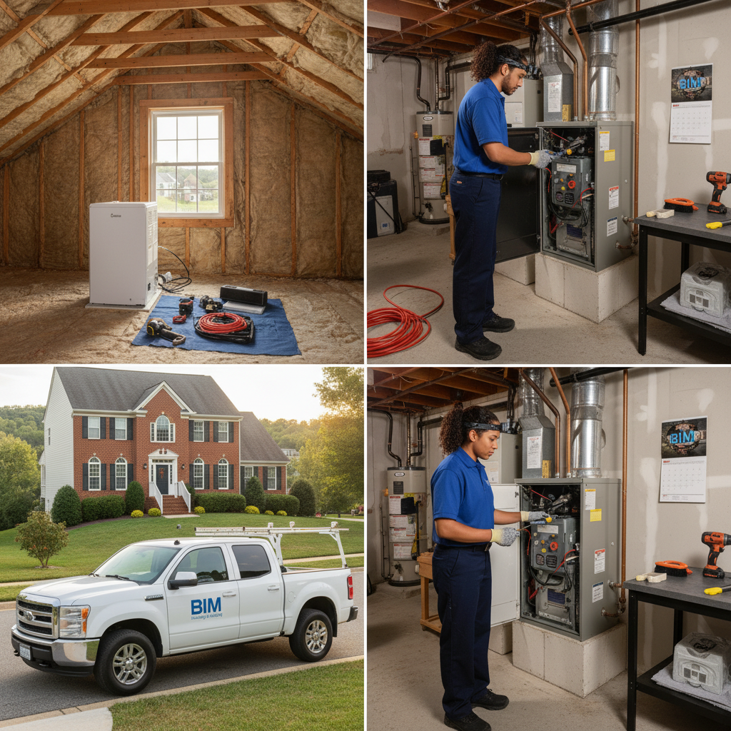 BIM Heating and Cooling technician performing routine HVAC maintenance on a residential furnace in Stafford County, VA.