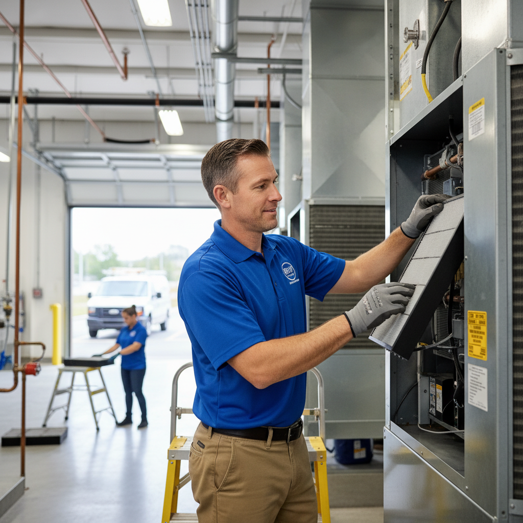 BIM Heating and Cooling technician performing routine HVAC maintenance in a Fredericksburg, Virginia business.