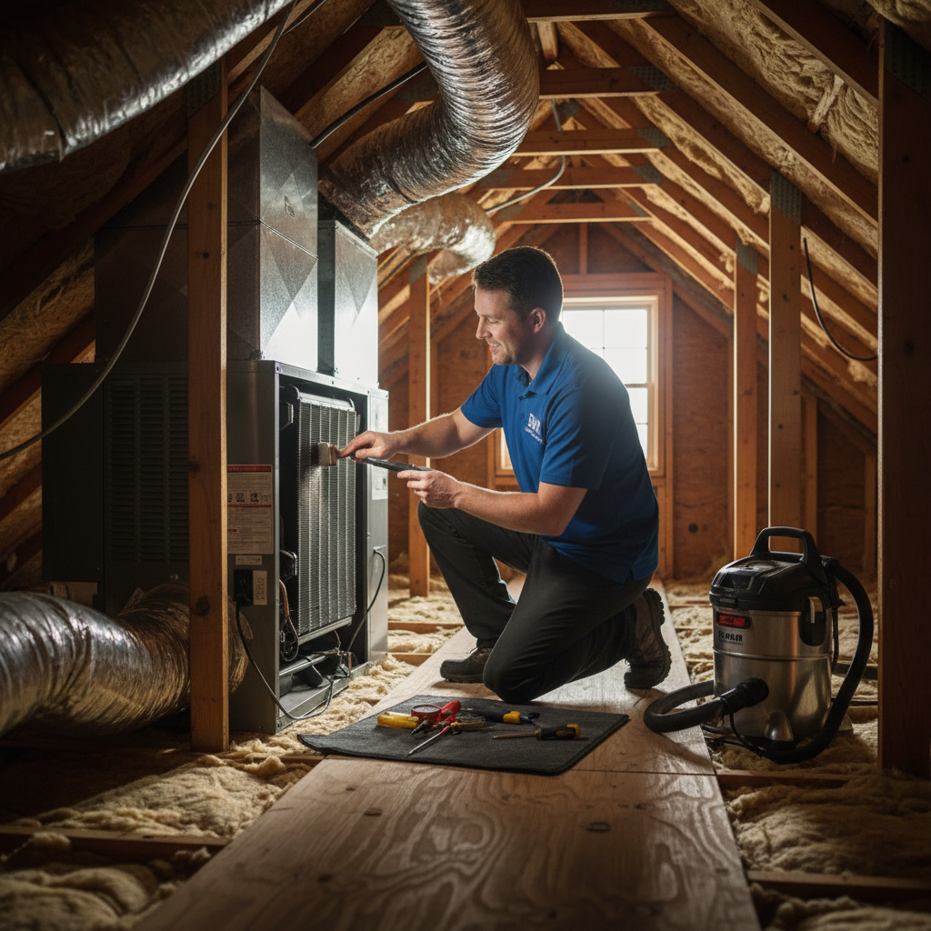 BIM Heating and Cooling technician performing routine HVAC maintenance in a Virginia county home.