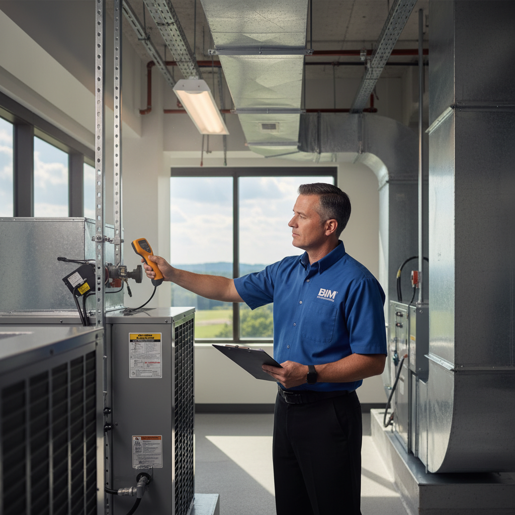 BIM Heating and Cooling technician performing routine HVAC maintenance in a Spotsylvania, Virginia business.