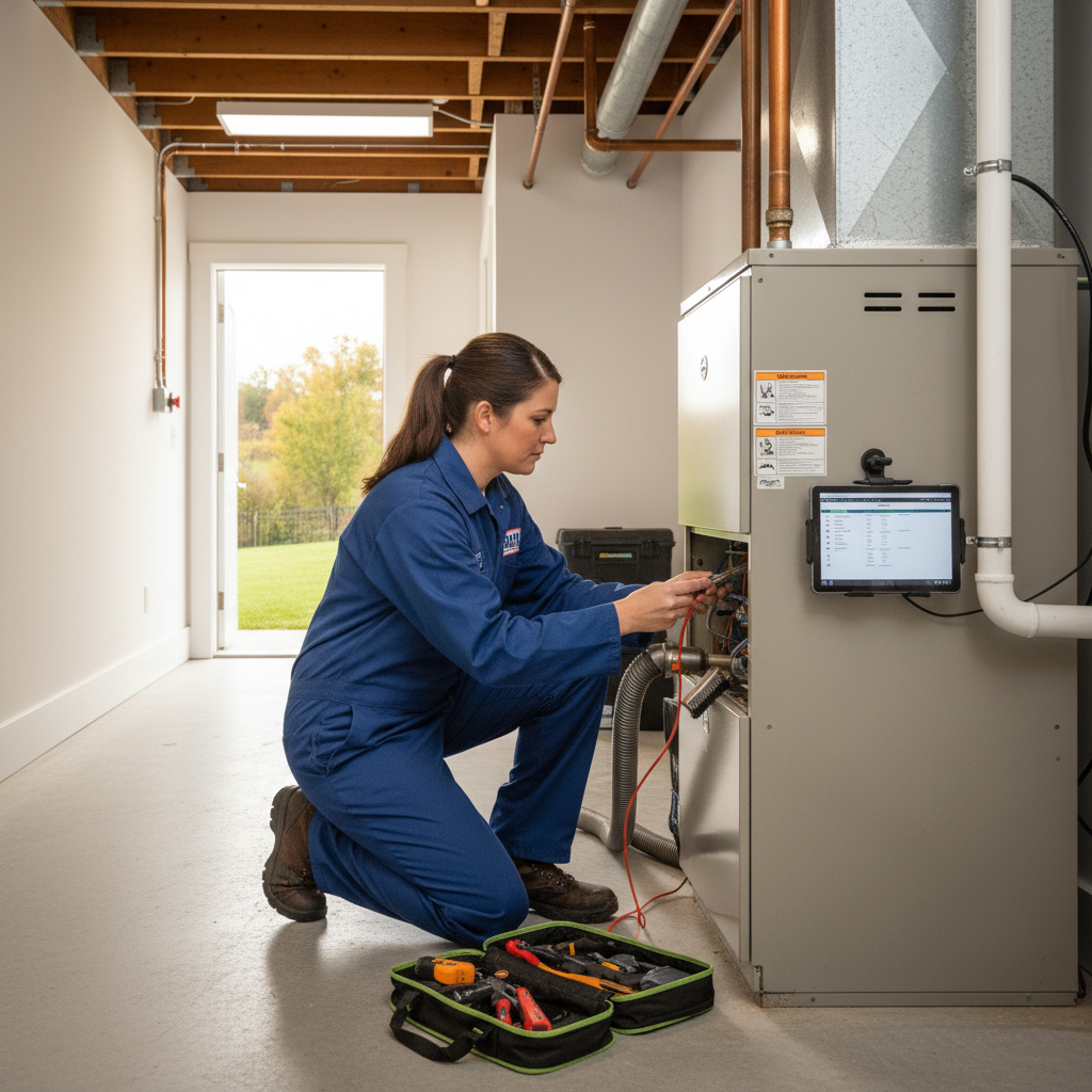 BIM Heating and Cooling technician performing routine HVAC maintenance at a Fredericksburg, Virginia home.