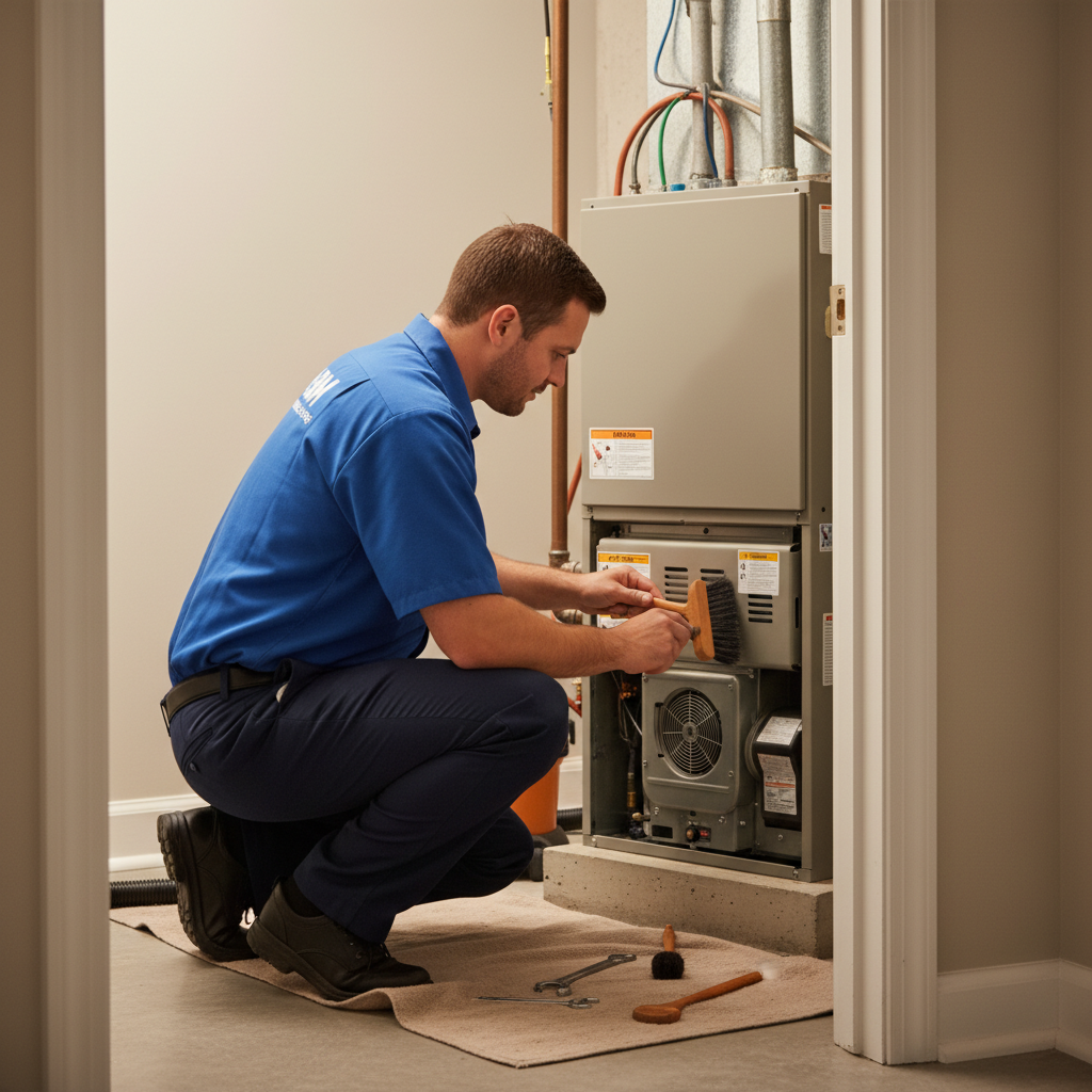 BIM Heating and Cooling technician performing routine HVAC maintenance in a Fredericksburg, Virginia residence.