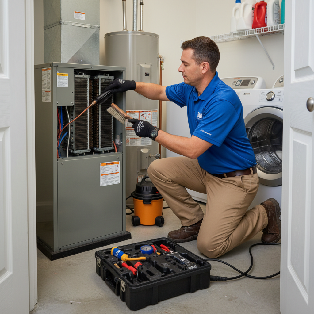 BIM Heating and Cooling technician performing routine maintenance on an air handler in Fredericksburg, VA.