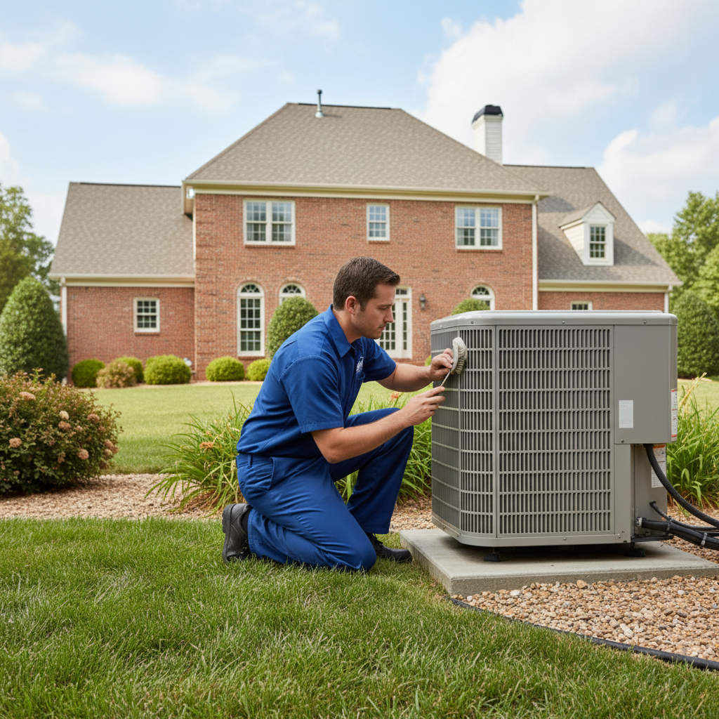 BIM Heating and Cooling technician servicing an outdoor AC unit in Fredericksburg, Virginia.