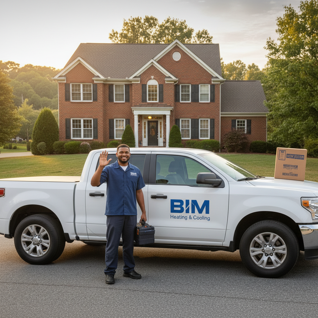BIM Heating and Cooling technician smiling beside their service truck in Fredericksburg, Virginia.