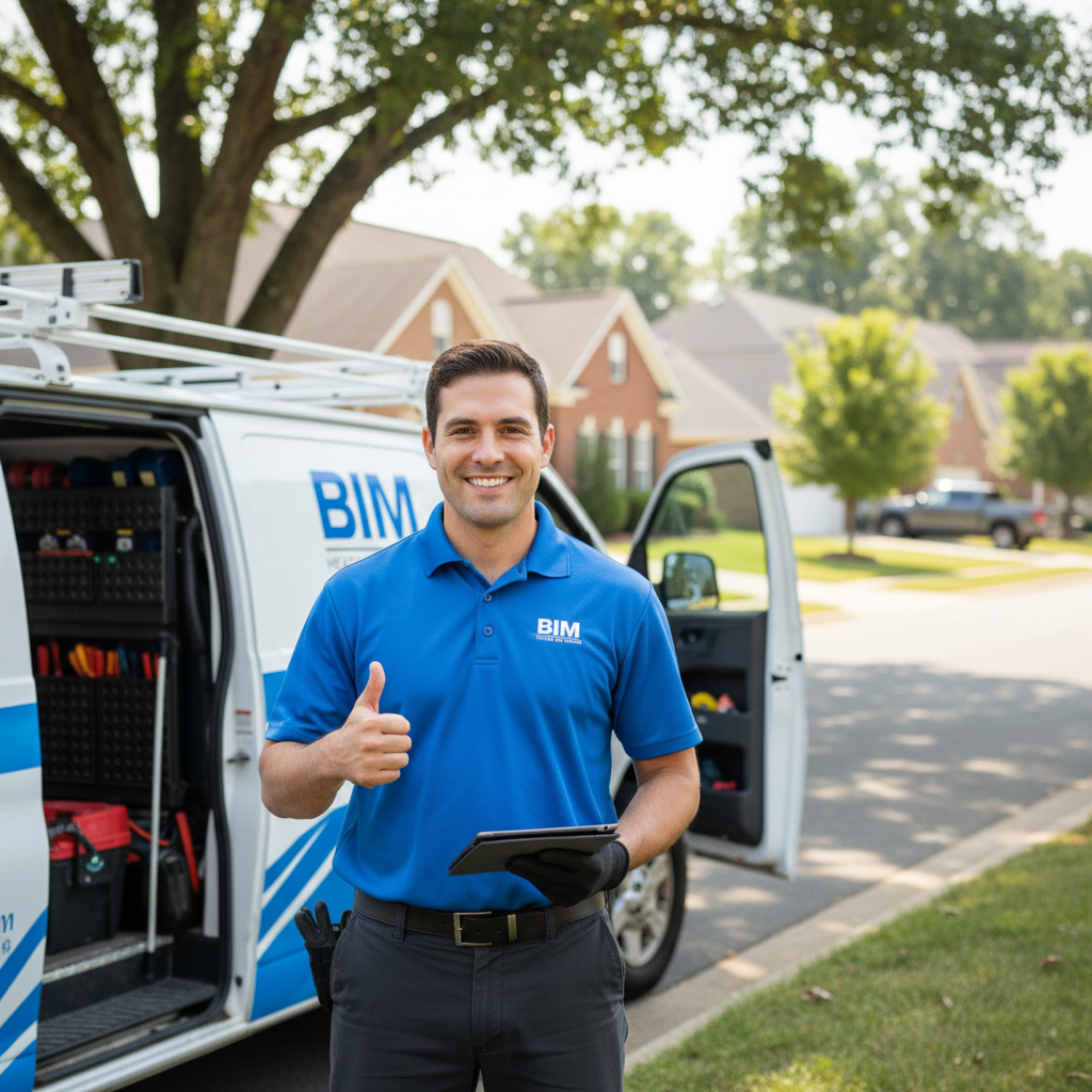 BIM Heating and Cooling technician smiling, ready to provide excellent service in Fredericksburg, Virginia.