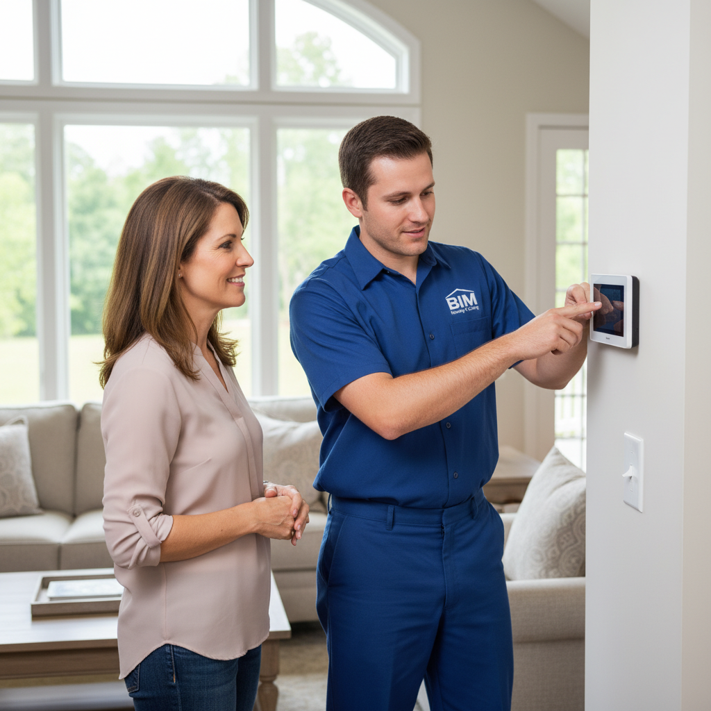 BIM Heating and Cooling technician talking to a homeowner about HVAC repair in Fredericksburg, VA.