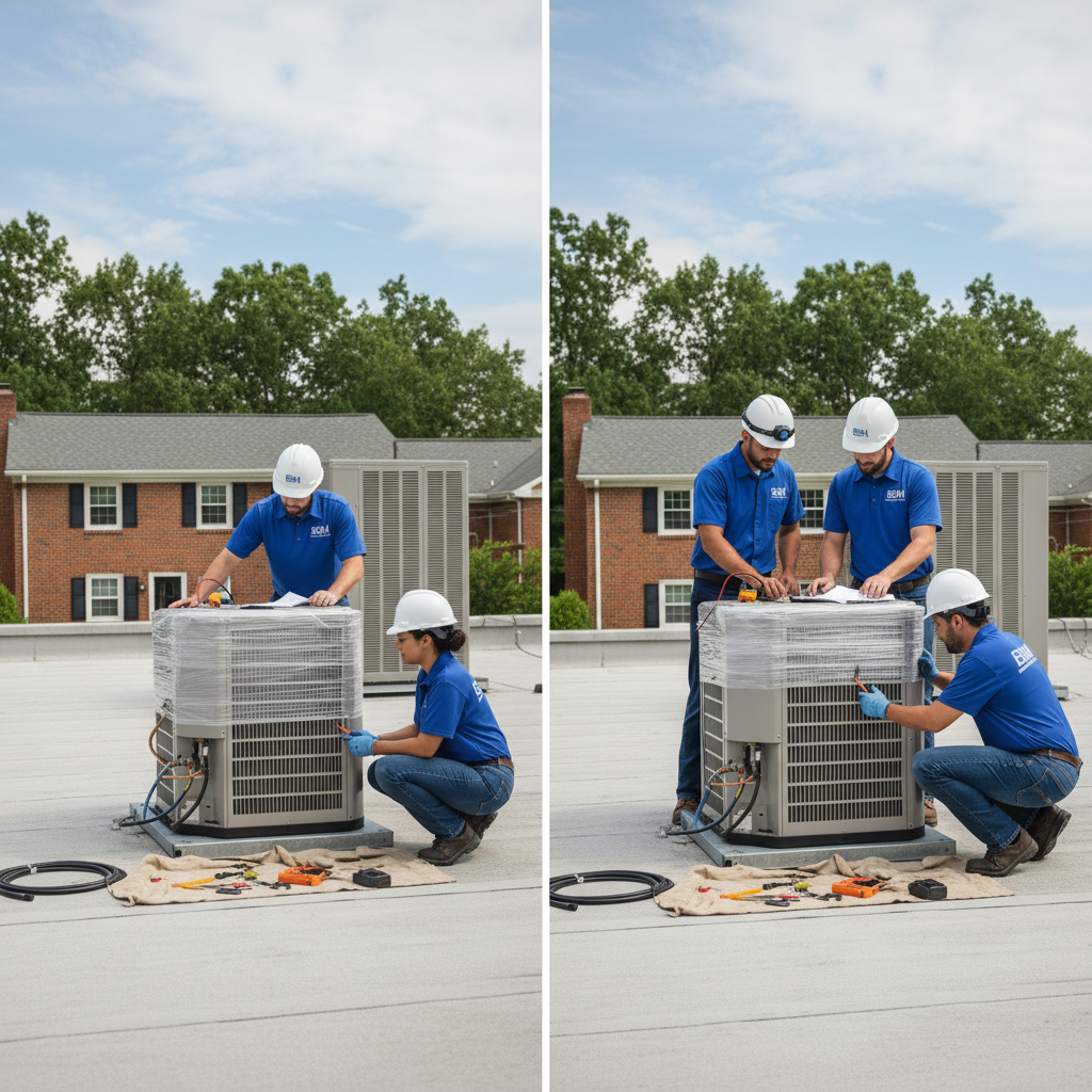 BIM Heating and Cooling technicians installing a new outdoor air conditioning unit in Fredericksburg, VA.