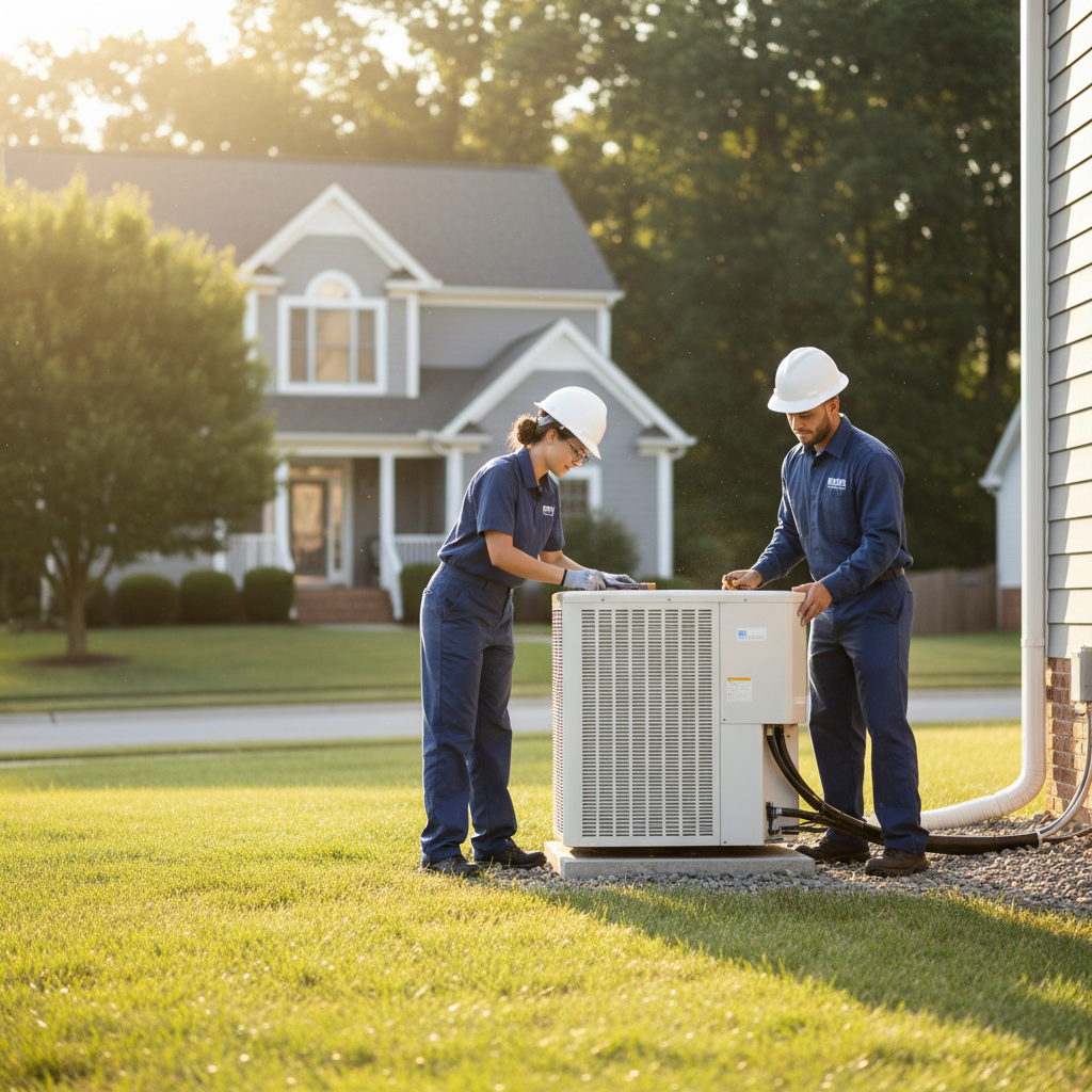 BIM Heating and Cooling technicians installing a new outdoor air conditioning unit in Fredericksburg, Virginia.