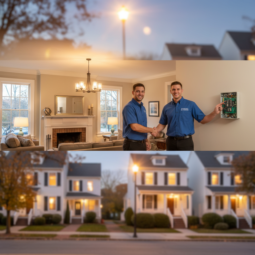 BIM Heating and Cooling technicians shaking hands after a successful flickering light repair in Fredericksburg.