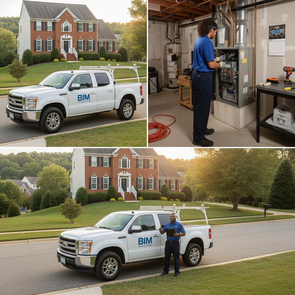 BIM Heating and Cooling truck parked in front of a residential home, ready to serve Fredericksburg and surrounding Virginia counties.