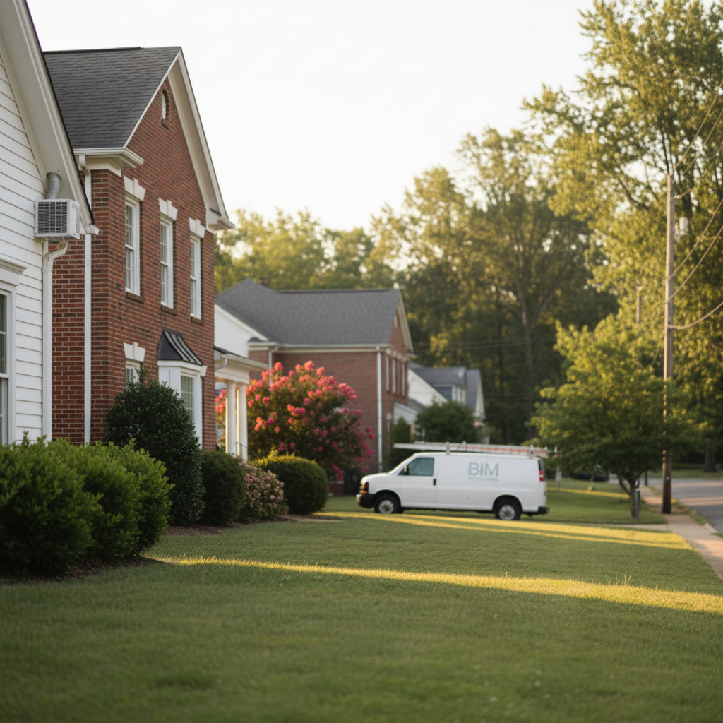 BIM Heating and Cooling van parked in a Fredericksburg neighborhood, ready for bathroom exhaust fan installation.