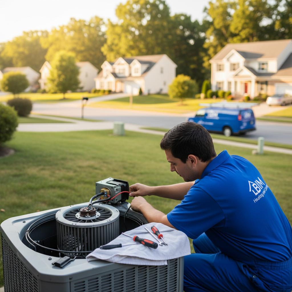 BIM Heating and Cooling van parked in a Fredericksburg, VA neighborhood, symbolizing AC blower motor repair service.