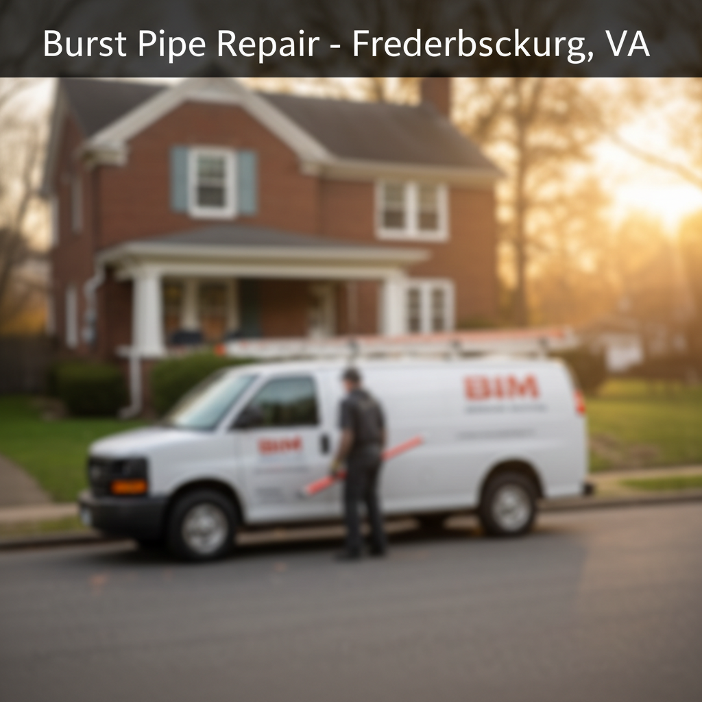 BIM Heating and Cooling van parked in a Fredericksburg, VA neighborhood, ready for burst pipe repair.