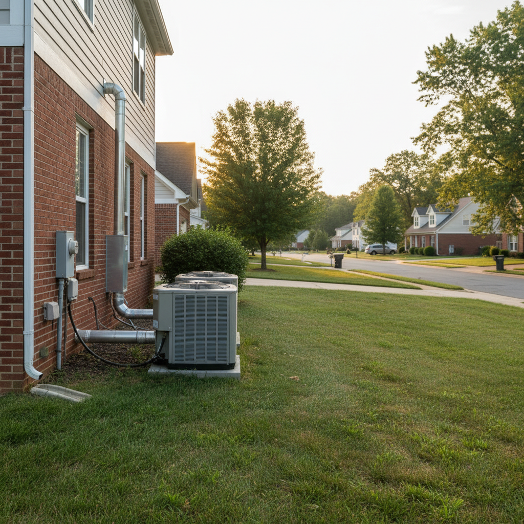 Building mechanical systems unit on the side of a home, blending into a pleasant Fredericksburg, VA neighborhood at sunset.