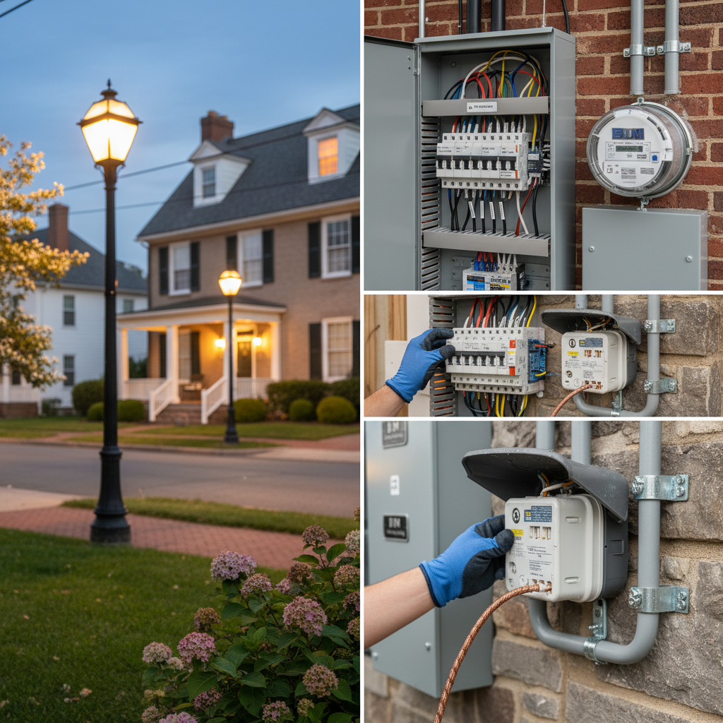 Close-up detail of a modern electrical panel and meter, showcasing professional wiring from an electrical repair shop in Fredericksburg, VA.