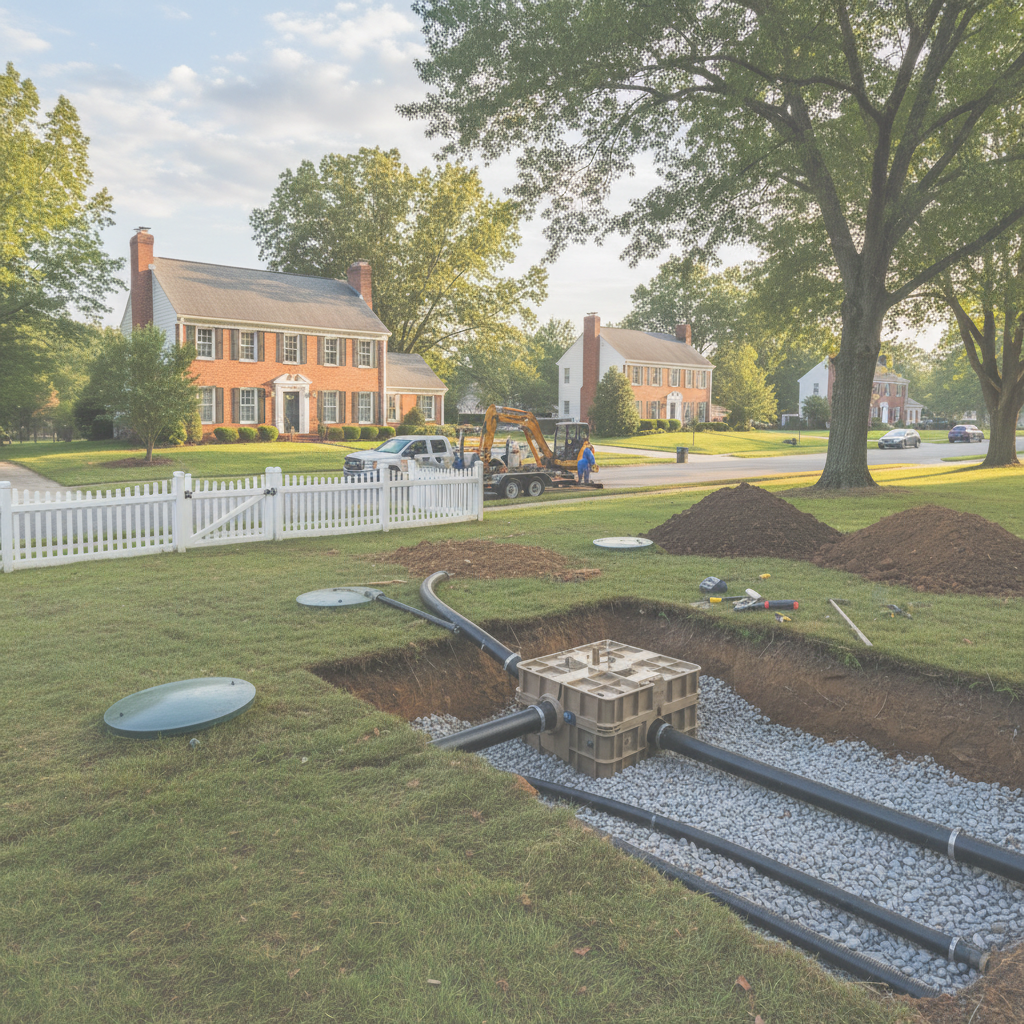 Close-up detail of a new septic system repair installation in Fredericksburg, VA, showing pipes and gravel in a trench.