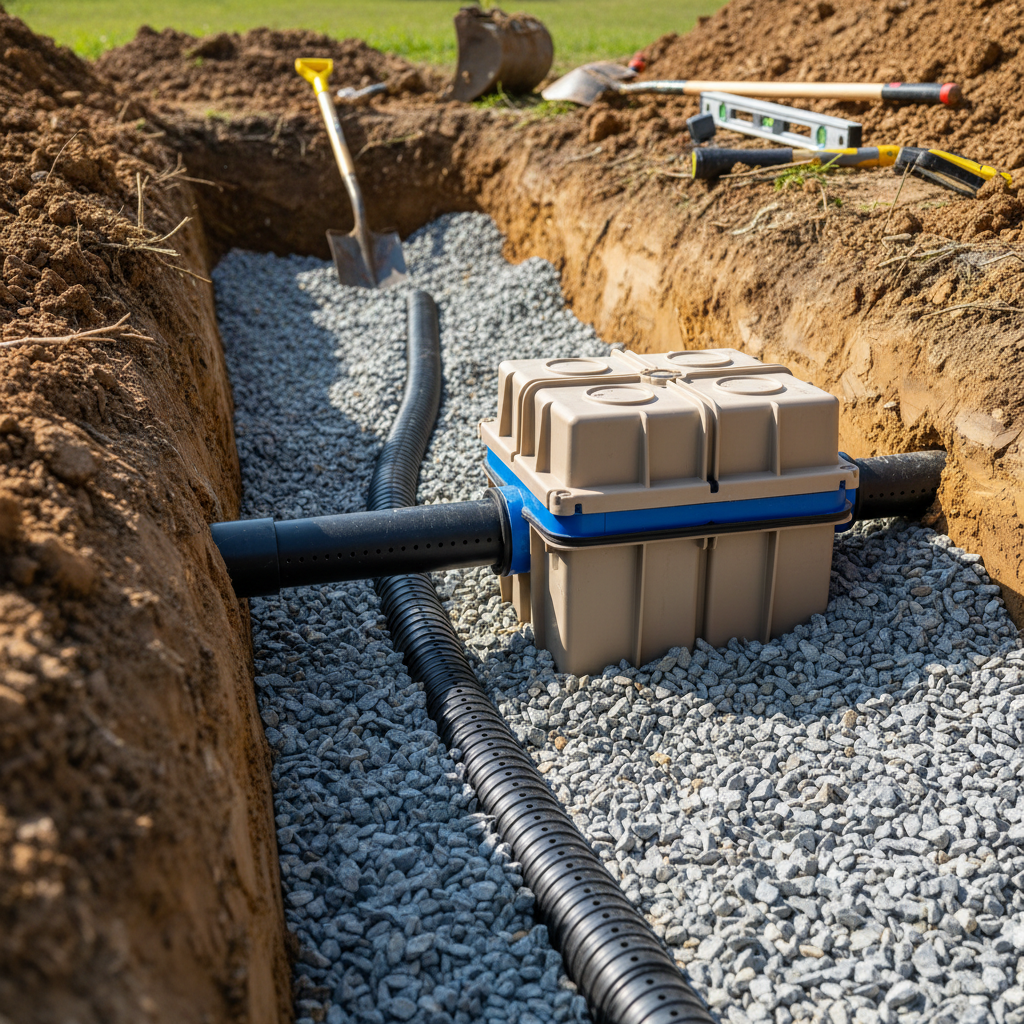 Close-up detail of a new septic system repair installation in Fredericksburg, VA, showing pipes and gravel in a trench.
