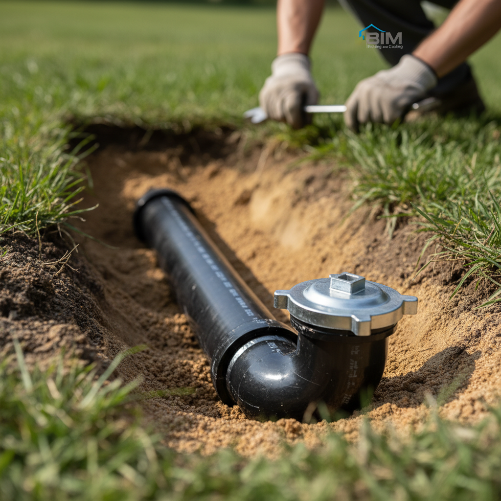 Close-up detail of a newly installed black pipe and hardware for rooter service in Fredericksburg.