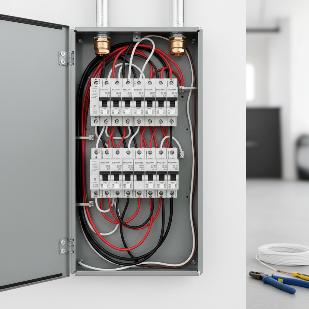 Close-up detail of a subpanel installation in Fredericksburg, VA, showing neatly wired breakers and electrical components.