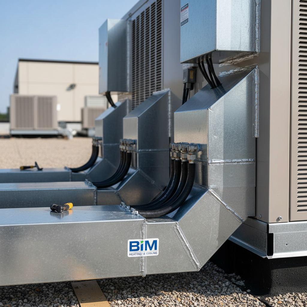 Close-up detail of commercial HVAC installation showing new ductwork and connections in Fredericksburg.