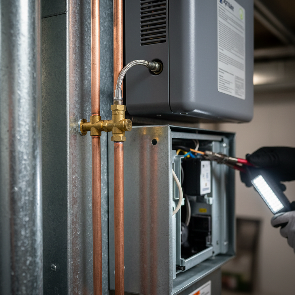 Close-up detail of components during a whole house humidifier installation in Fredericksburg, VA.