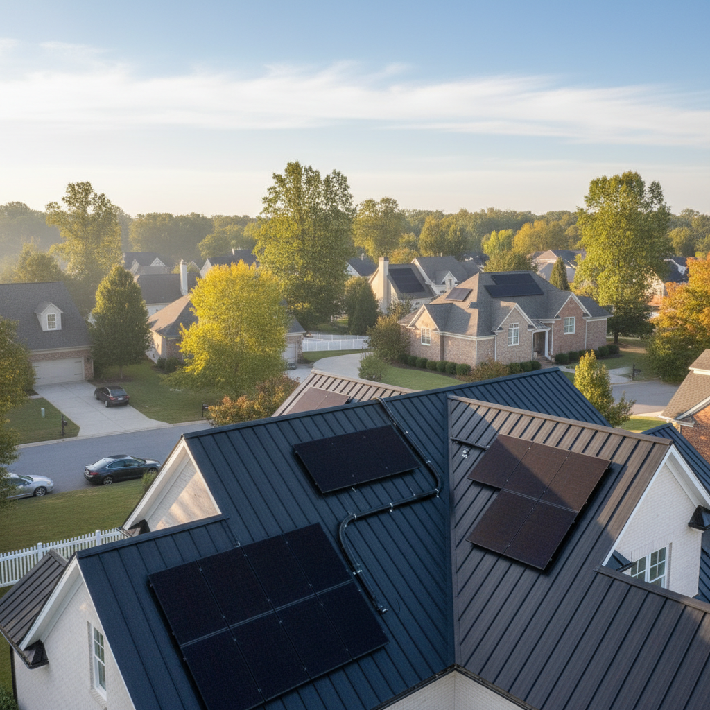 Close-up detail of expertly installed solar panels for roof integration in Fredericksburg, VA, showcasing craftsmanship.