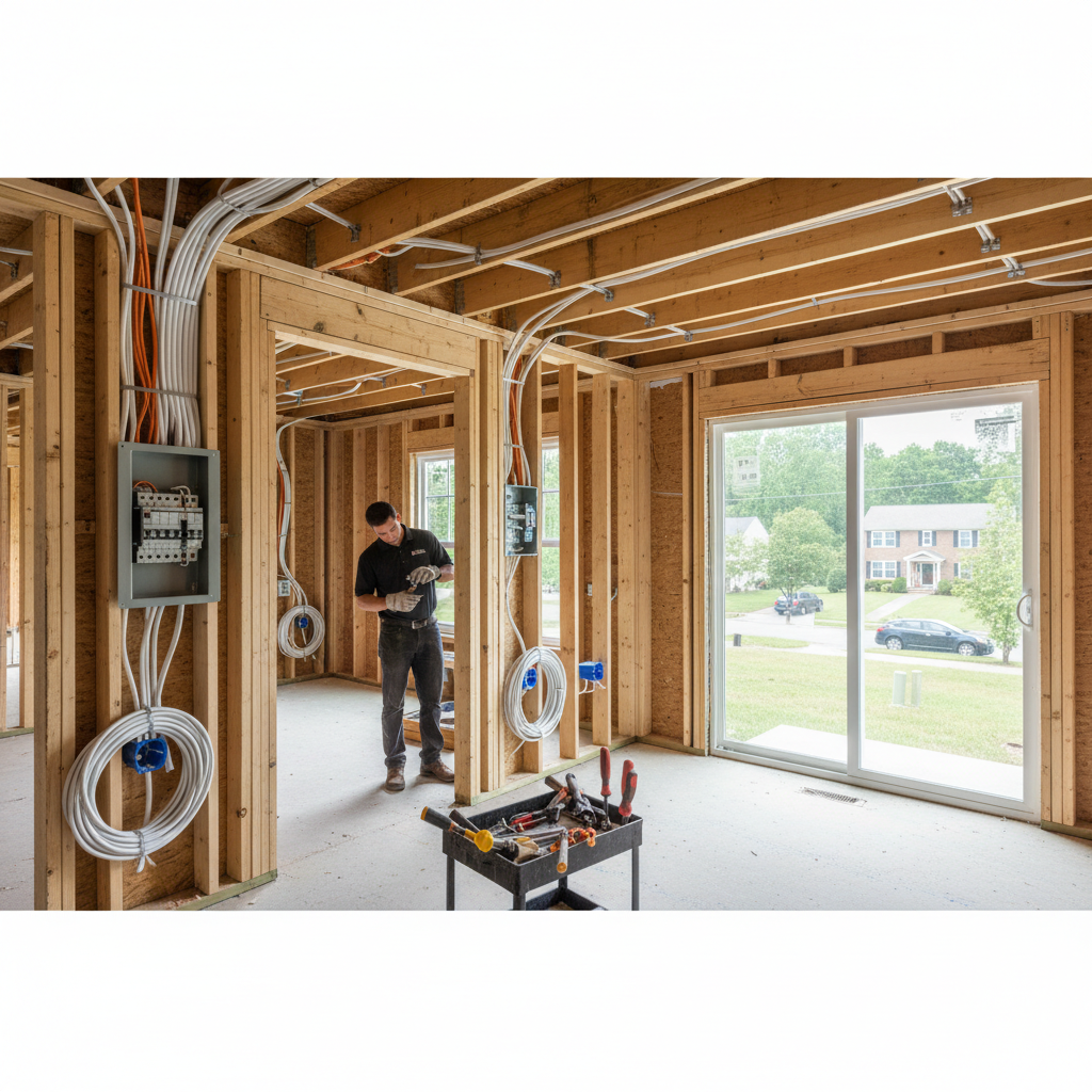 Close-up detail of new electrical wiring and conduit connections by an electrician in Fredericksburg, VA.