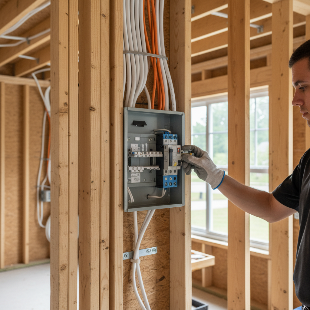 Close-up detail of new electrical wiring and conduit connections by an electrician in Fredericksburg, VA.