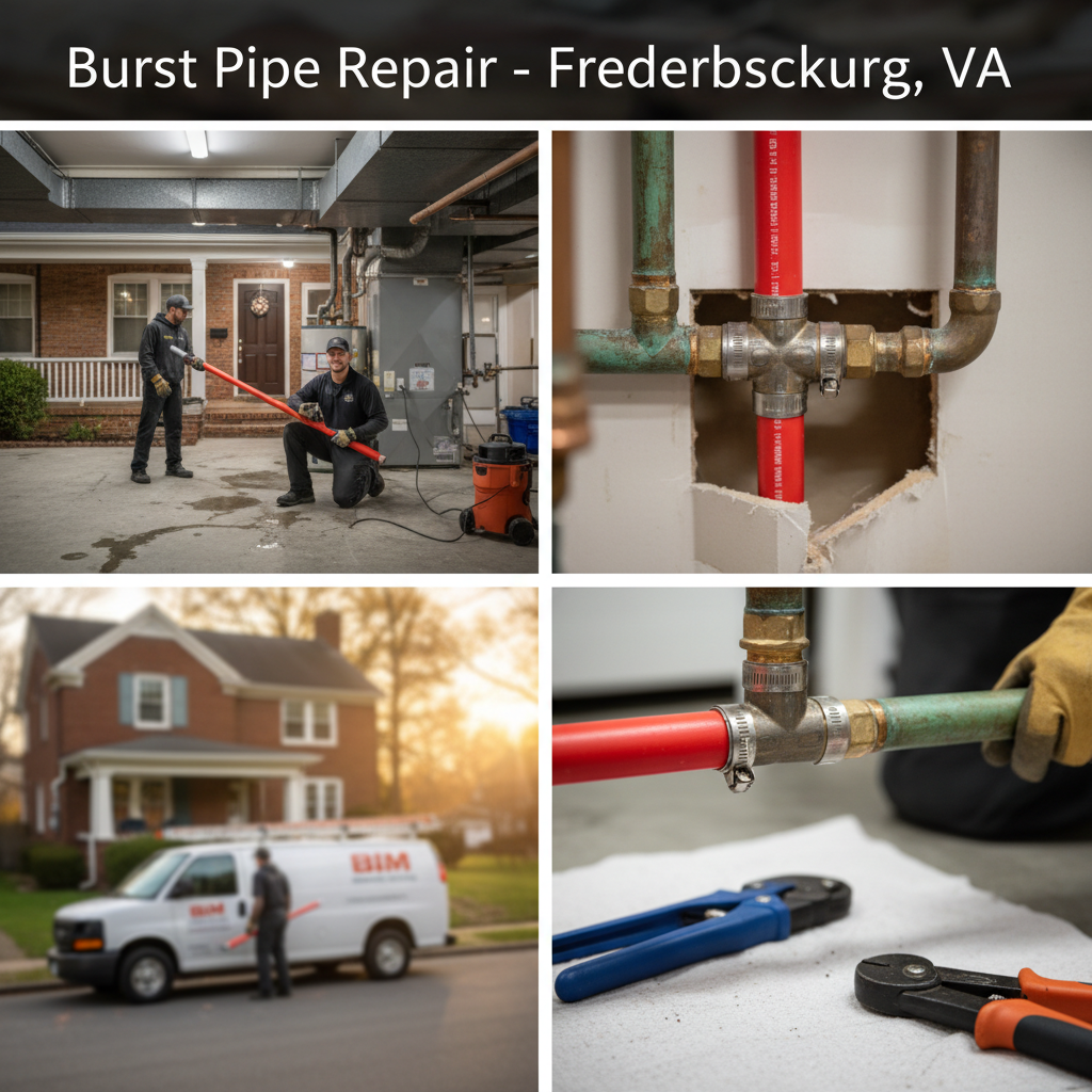 Close-up detail of new piping and connections during a burst pipe repair in Fredericksburg, VA.