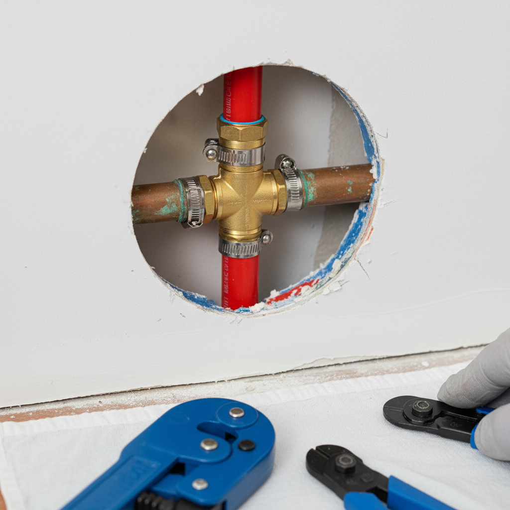 Close-up detail of new piping and connections during a burst pipe repair in Fredericksburg, VA.