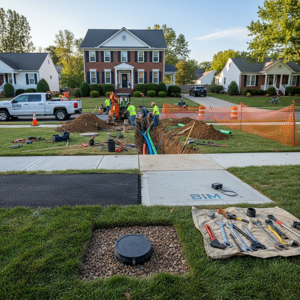 Close-up detail of new piping and connections during a sewer line repair in Fredericksburg, VA.