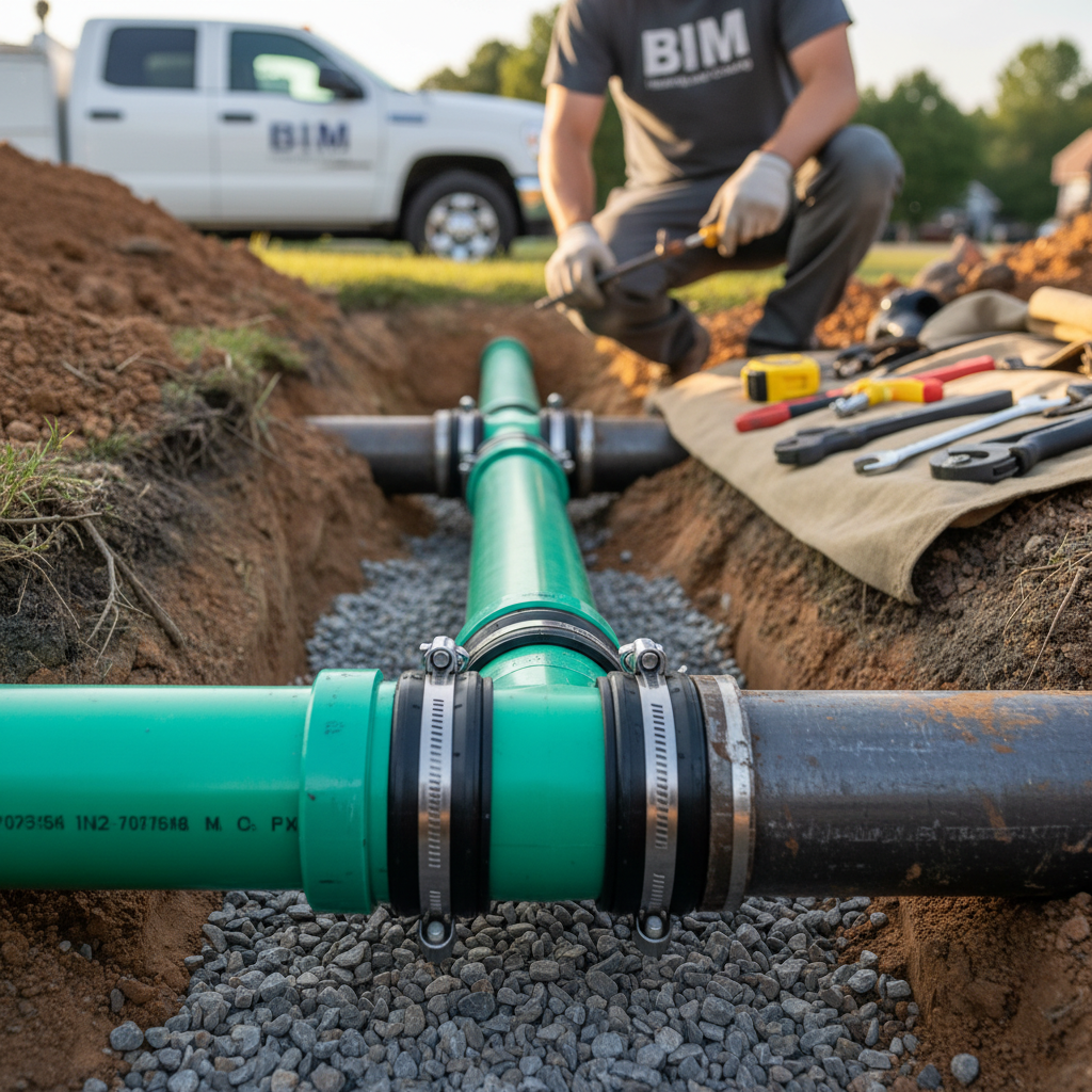 Close-up detail of new piping and connections during a sewer line repair in Fredericksburg, VA.